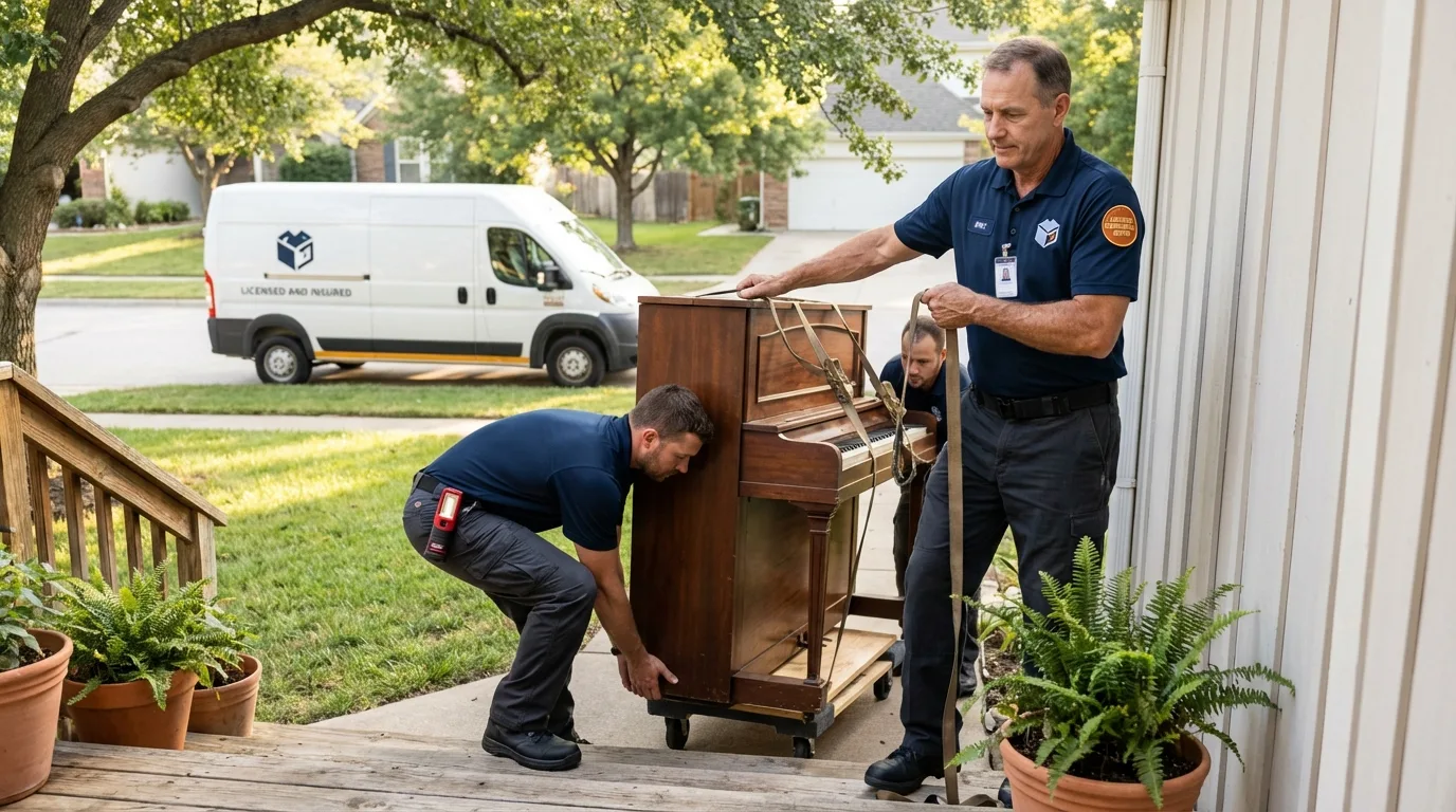Licensed piano movers securing grand piano in Poestenkill, NY